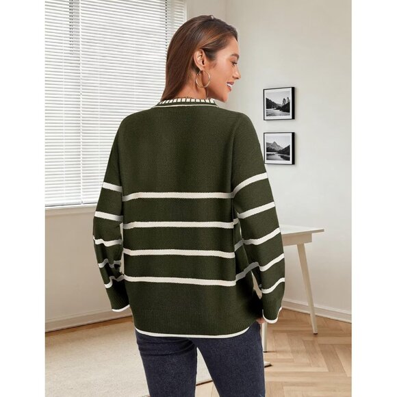 Women’s Army Green Fall Polo Sweater Striped V Neck Long Sleeve Pullover - Picture 2 of 6